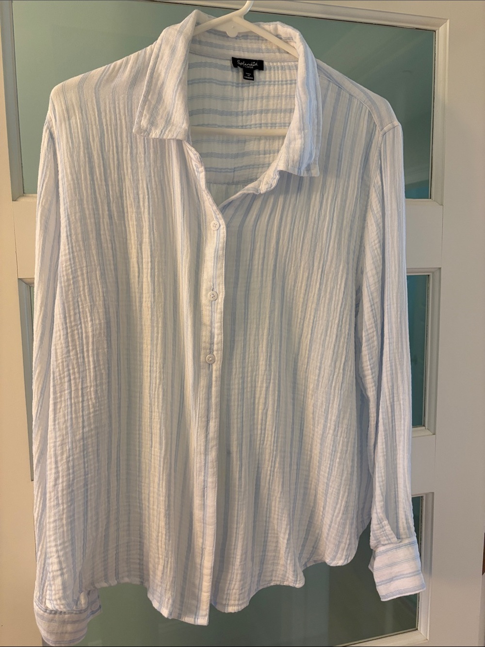 Splendid Women’s  White Button-Down Shirt with Light Blue Stripes (XL) EUC